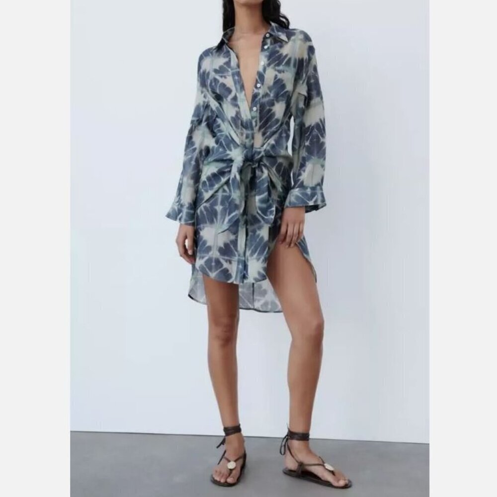 ZARA Ramie shirt dress. Batik chest blue green SIZE M-L 7657/009/330